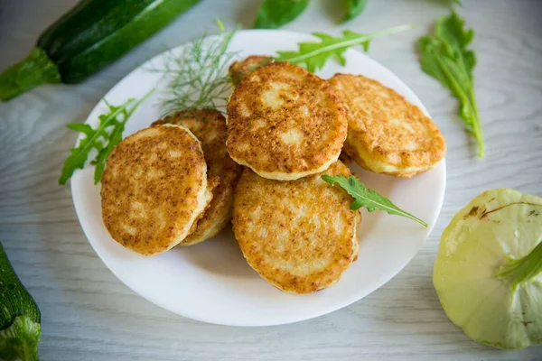 Fried Vegetable Pancakes Squash Zucchini Herbs Light Wooden Table — kuvapankkivalokuva