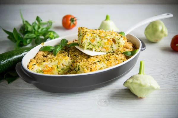 Vegetable Casserole Patissons Zucchini Carrots Ceramic Form Light Wooden Table — Stock Photo, Image