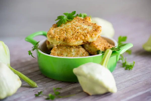 Vegetable Fried Squash Zucchini Cutlets Ceramic Form Light Wooden Table — Stockfoto