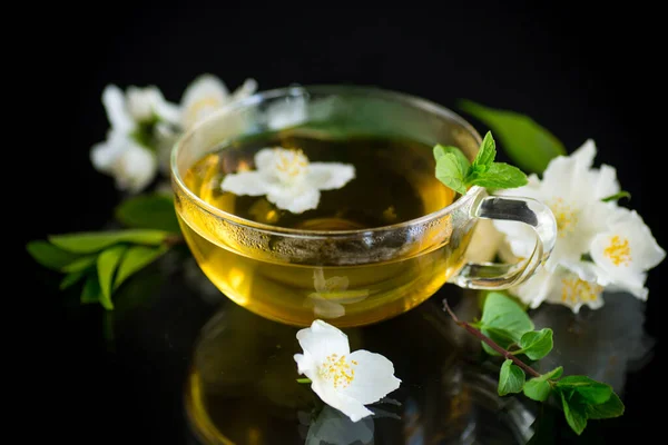 Composition Cup Jasmine Tea Flowers Isolated Black Background — Stock Photo, Image