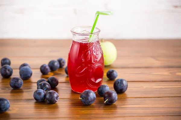 Sweet Natural Plum Drink Glass Straw Wooden Table — Stockfoto