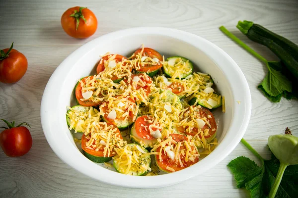 Raw Zucchini Tomatoes Sliced Cheese Prepared Baking Ceramic Dish — Foto Stock