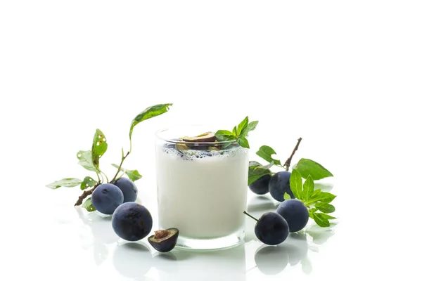 Sweet Homemade Yogurt Fresh Plum Slices Glass Isolated White Background — Foto de Stock