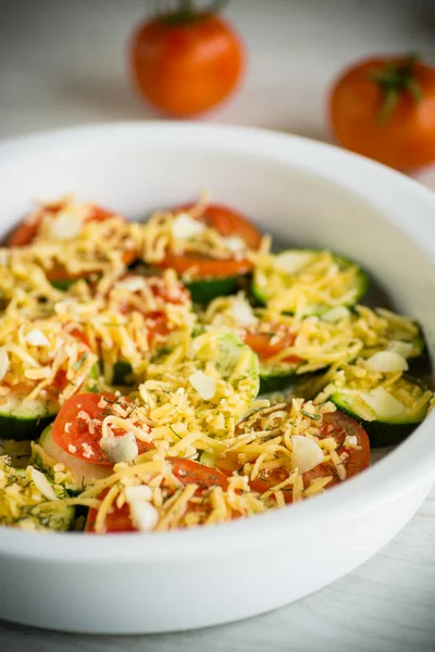 Raw Zucchini Tomatoes Sliced Cheese Prepared Baking Ceramic Dish Stock Picture