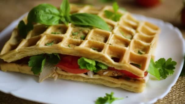 Sandwich Two Egg Omelettes Bacon Tomatoes Waffle Shaped — Stock Video