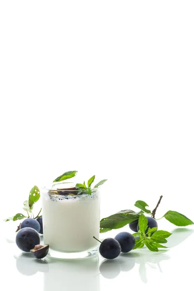 Sweet Homemade Yogurt Fresh Plum Slices Glass Isolated White Background — Stockfoto