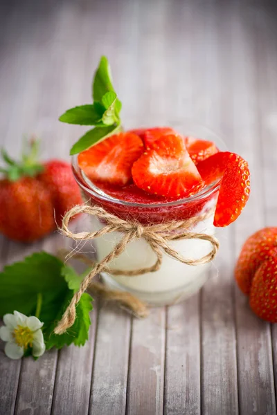 Sweet Homemade Yogurt Strawberry Jam Fresh Strawberries Glass Cup Wooden — Stock Photo, Image