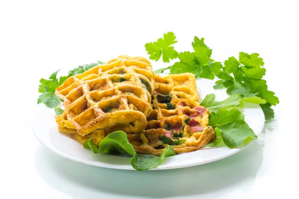 Egg Omelet Stuffed Greens Sausage Fried Form Waffles Isolated White Εικόνα Αρχείου