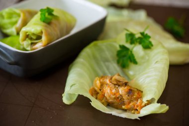 Et ve mantarla doldurulmuş çiğ lahana ruloları. Yemek pişirme süreci.