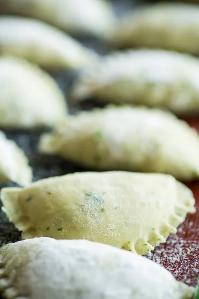 Albóndigas Crudas Masa Con Hierbas Eneldo Perejil Dumplings Crudos Primer —  Fotos de Stock