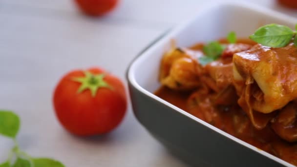 Traditional Stuffed Cabbage Minced Meat Rice Served Tomato Sauce Wooden — Stock Video