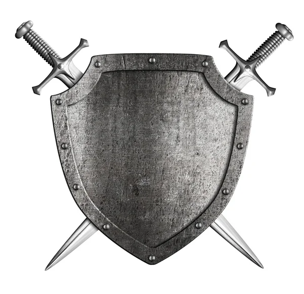 Metal medieval shield and crossed swords behind it isolated on w