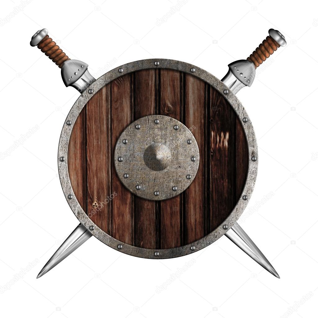 dos espadas y escudo redondo de madera aisladas — Foto de stock