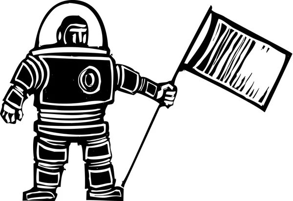 Astronauta Woodcut con Bandiera — Vettoriale Stock