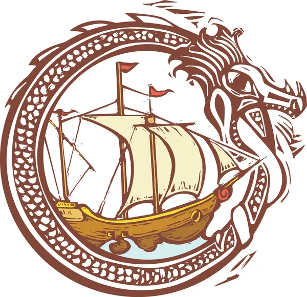 Dragón y barco — Vector de stock