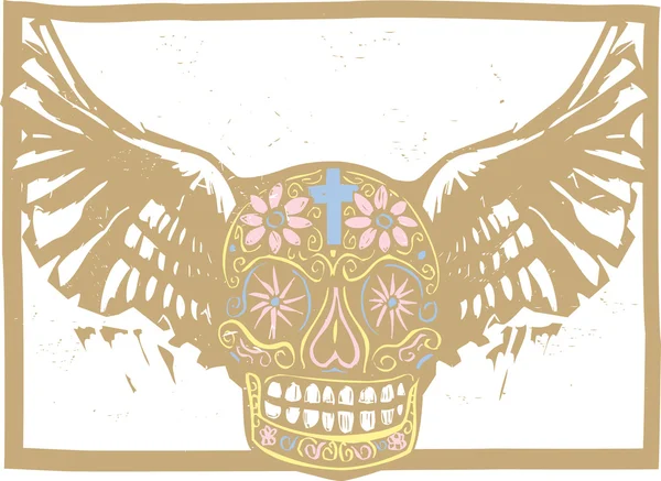 Kleur Mexicaanse gevleugelde schedel — Stockvector