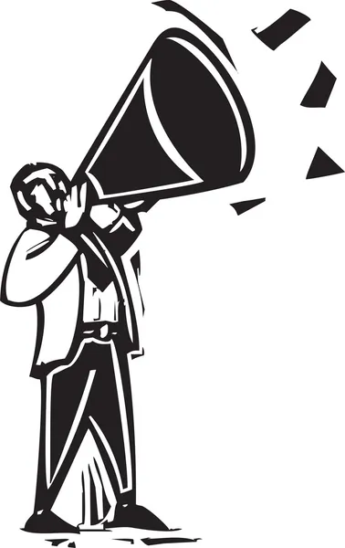 Holzschnitt-Bild eines Mannes im Business-Anzug, der auf ein Ochsenhorn bläst. — Stockillustration Bullenhorn — Stockvektor