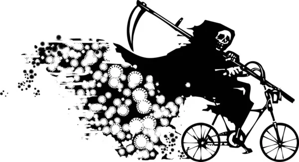 Woodcut Estilo Expressionista Ilustração Morte Andar Bicicleta Espalhando Pandemia Vívida — Vetor de Stock