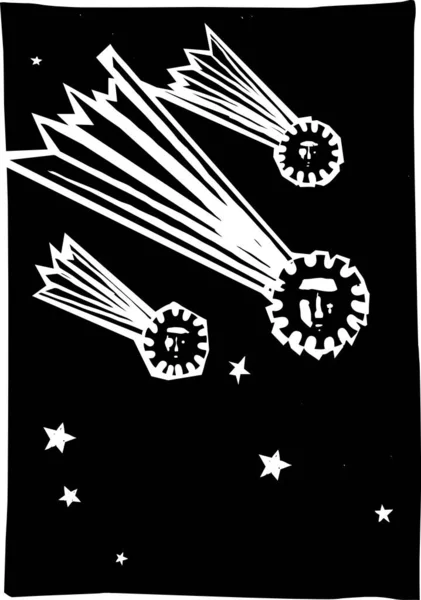 Träsnitt Expressionist Stil Illustration Kometer Som Ser Som Covid Pandemisk — Stock vektor