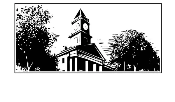 時計塔を持つ学校や教会の木版画スタイルのイメージ — ストックベクタ