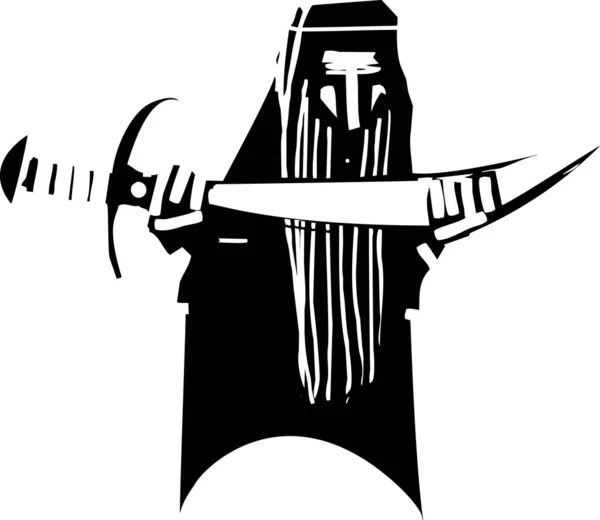 Woodcut Expressionist Style Middle Eastern Mythical Dwarf Scimitar Sword — 图库矢量图片