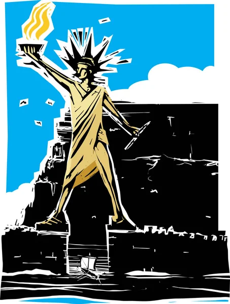 Woodcut Style Colossus Rhodes Ancient Wonder World — Stock Vector