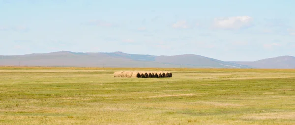 Autumn rural landscape - haystacks in a field — Stock Photo, Image