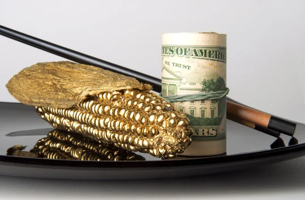 Dinheiro e ouro - alimento para a economia mundial — Fotografia de Stock