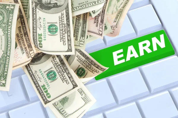 Earn mony keyboard enter button with money — Stock Photo, Image