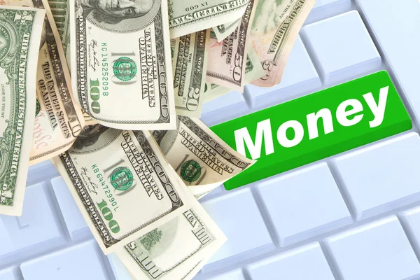 Mony on keyboard enter button with money — Stock Photo, Image