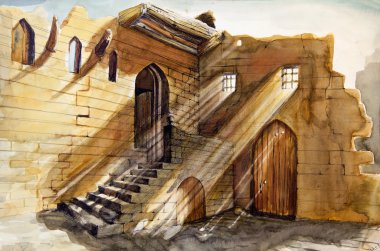 eski şehir su renk boyama