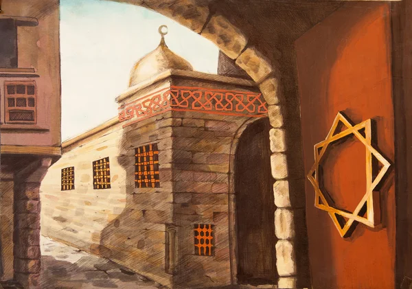 grote poort van de oude stad water kleur schilderij