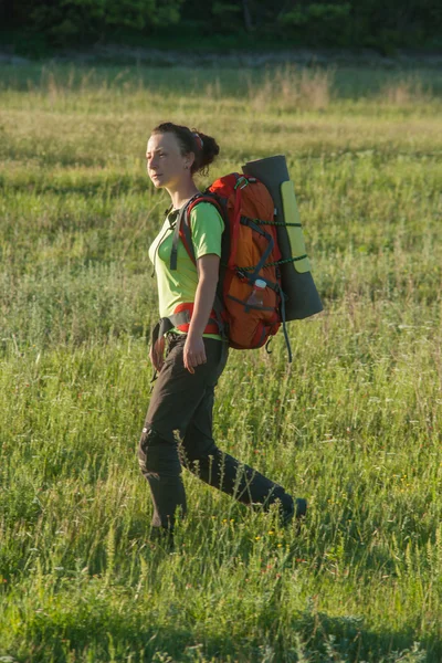 Glada leende kvinna i fältet — Stockfoto