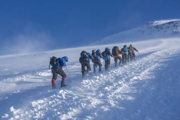 Elbrus에 그들의 방법에 alpinists의 그룹 — 스톡 사진