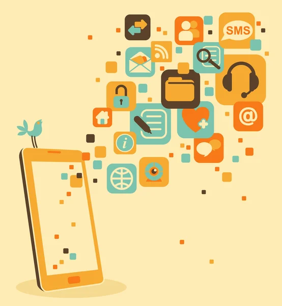 Smartphone y social, medios de comunicación, iconos web — Vector de stock