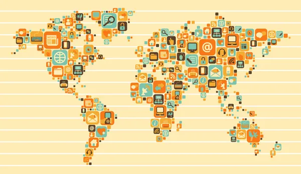 Kaart van de wereld: sociale en media iconen — Stockvector