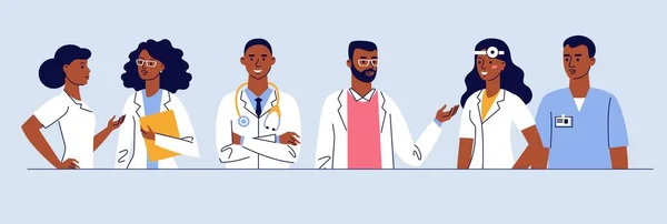 Hastanede farklı siyahi doktorlarla tıp ekibi konsepti. — Stok Vektör