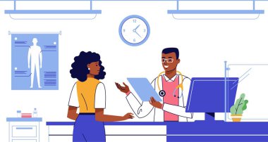 Siyahi doktor ve kadın hastalarla ilgili tıbbi acil durum kavramı hastane koridorunda.