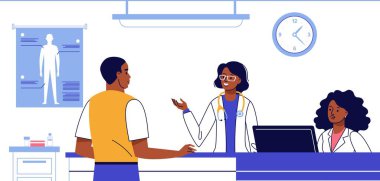 Siyahi doktor ve hastayla ilgili acil tıbbi konsept hastane koridorunda düz stil.