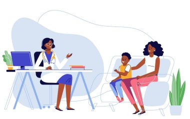 Siyahi doktor ve aile hastalarıyla tıp konsepti.