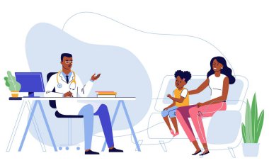 Siyahi doktor ve aile hastalarıyla tıp konsepti.