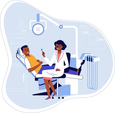 Genç Afro-Amerikan etnik doktor kadın ve hasta adam hastanede diş hekimliği yapıyor. Sağlık kontrolü ve diş muayenesi.