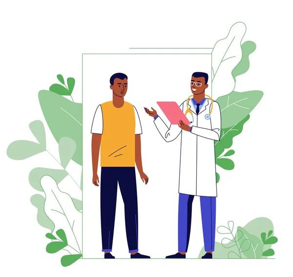 Medicinskt koncept med svart läkare och patient på växt bakgrund. — Stock vektor