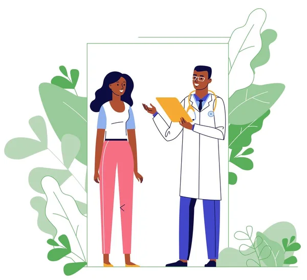 Concept de médecine avec médecin et patient sur fond de plante. — Image vectorielle
