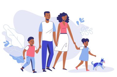 Mutlu genç Afro-Amerikan aile babası, annesi, oğlu, kızı ve köpeği yürüyüşe çıkmış..