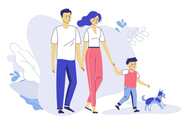Happy young family dad, mom, son on walk. — Stock Vector