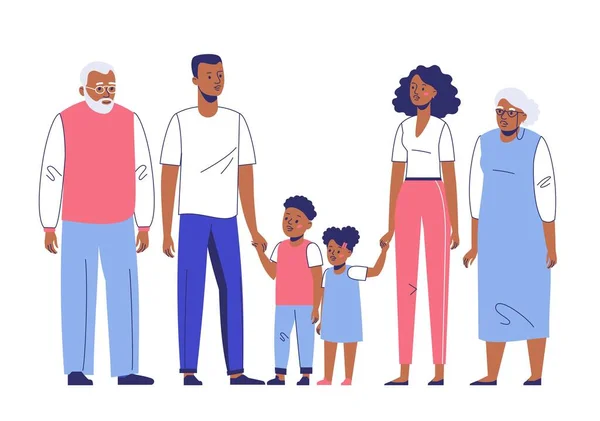 Heureux jeune afro-américain famille papa, maman, fils, grand-mère et grand-père. — Image vectorielle