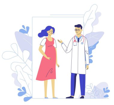 Pratisyen ve hamile kadın yan yana duruyor. Danışma, tıbbi muayene ve teşhis.