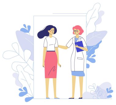 Pratisyen doktor kadın ve genç kız hasta hastane muayenehanesinde. Danışma ve tanı.