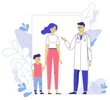 Pratisyen doktor erkek ve çocuklu genç kadın hastane muayenehanesinde. Danışma ve tanı.